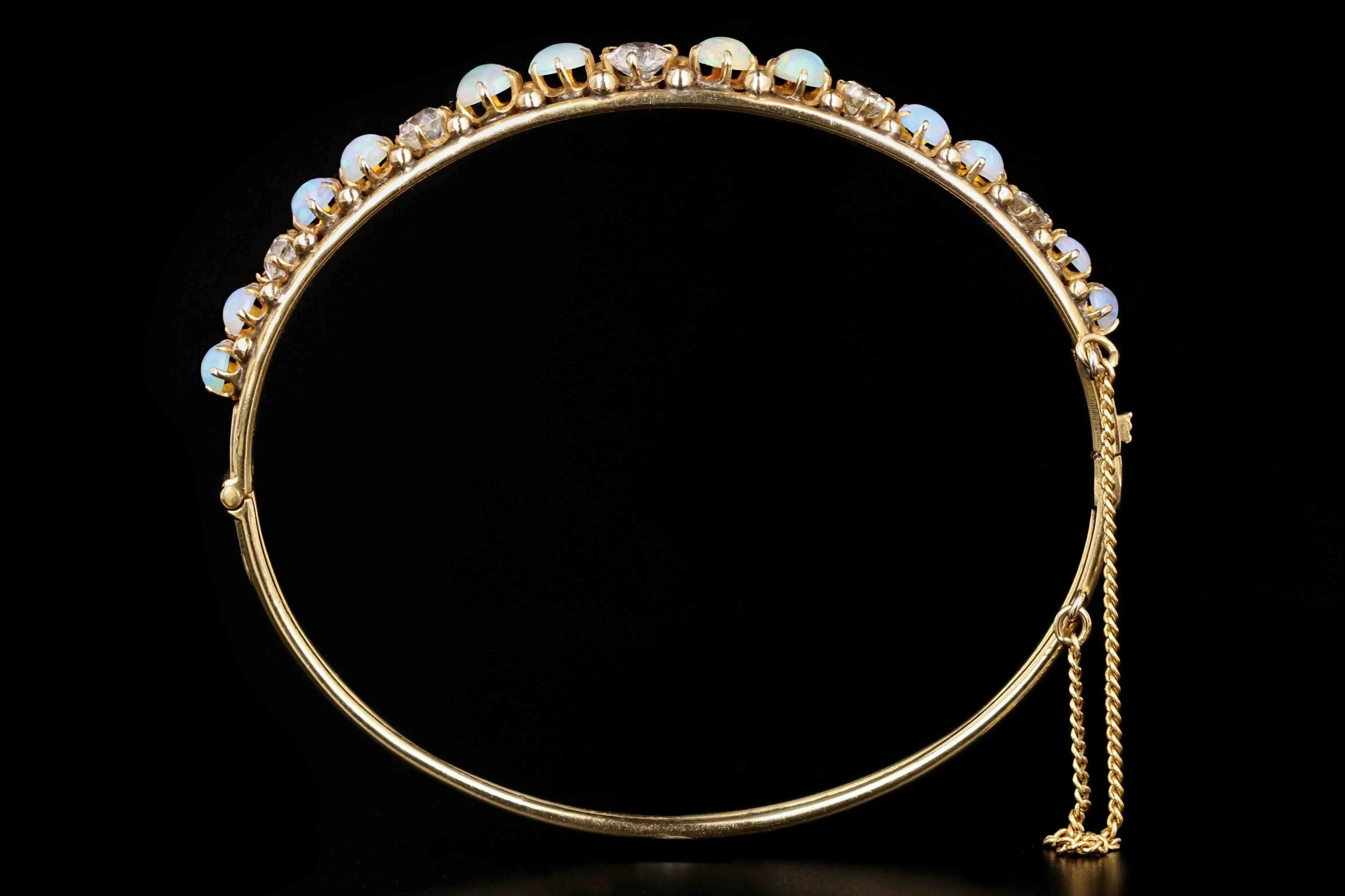 Victorian 14K Yellow Gold Cabochon Opal & Old European Cut Diamond Bangle Bracelet