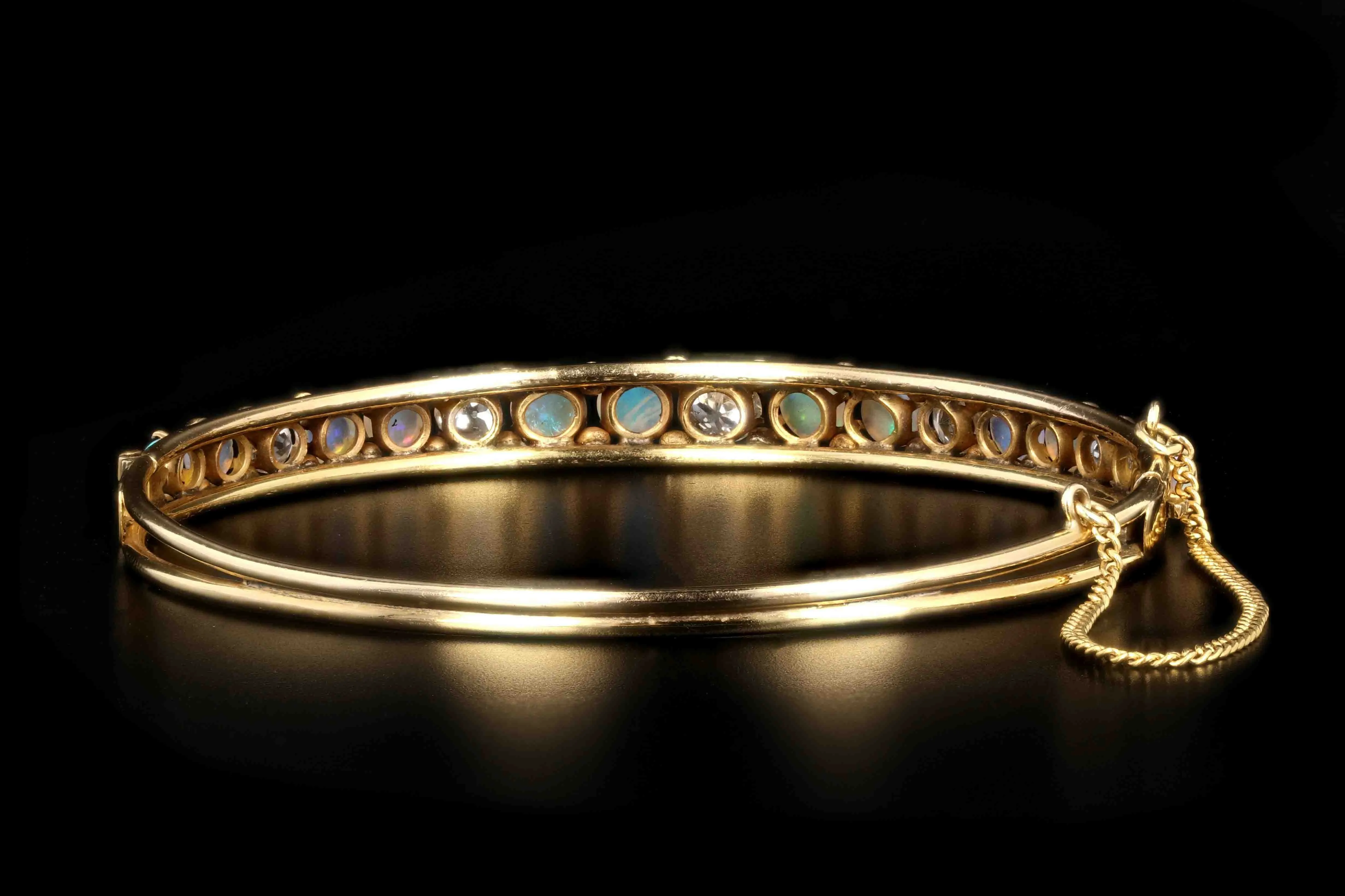 Victorian 14K Yellow Gold Cabochon Opal & Old European Cut Diamond Bangle Bracelet