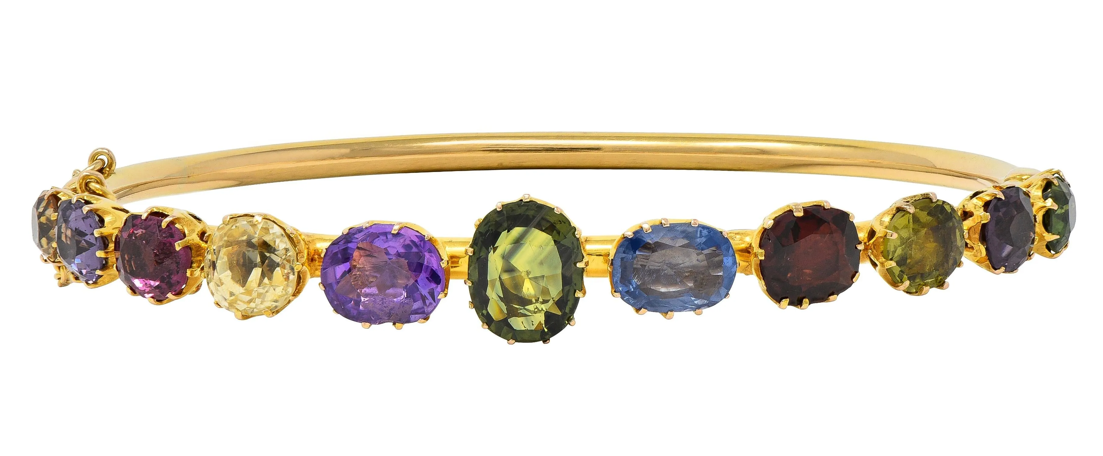 Victorian 16.38 CTW Sapphire Garnet 14 Karat Yellow Gold Antique Harlequin Bangle Bracelet