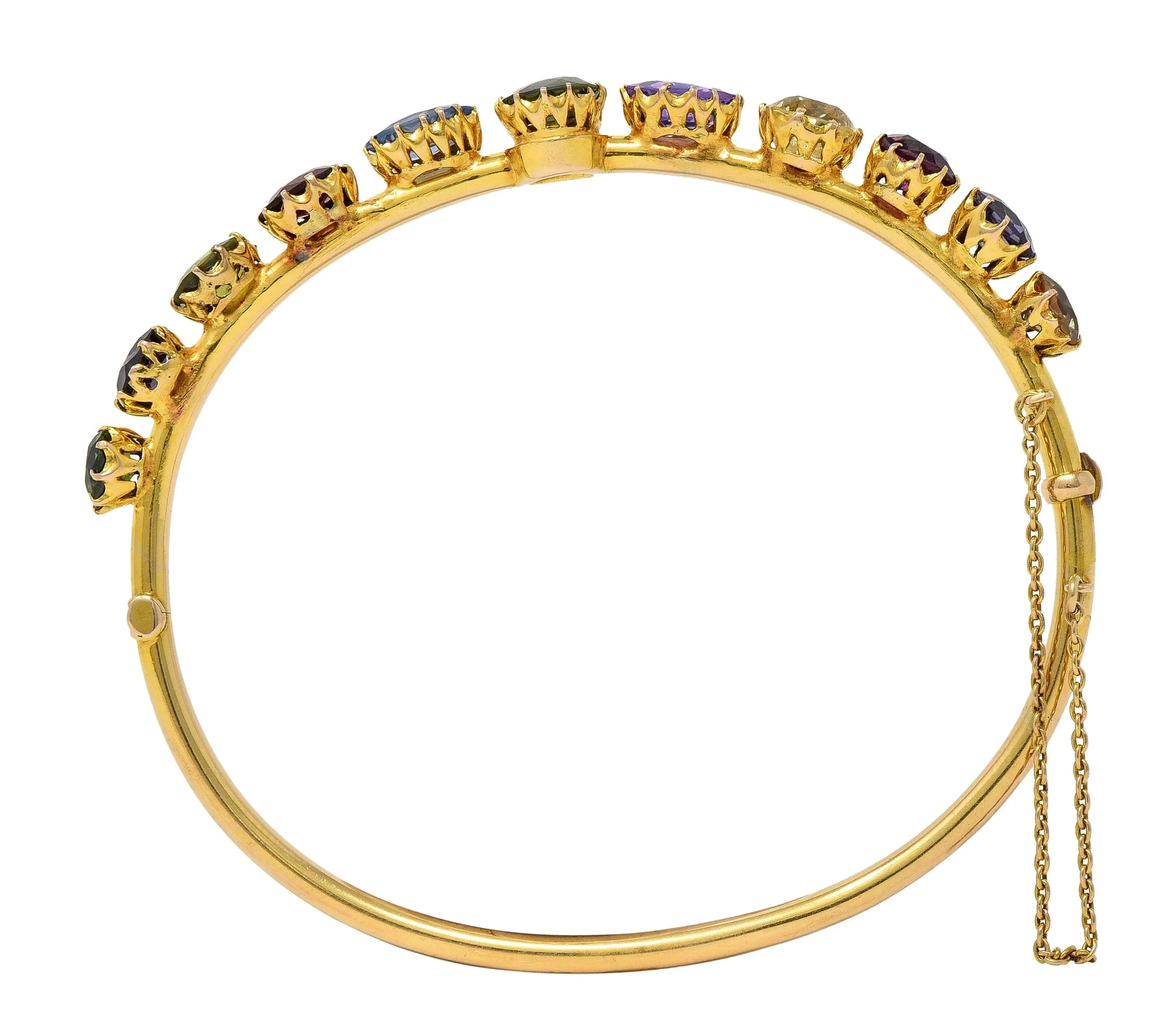 Victorian 16.38 CTW Sapphire Garnet 14 Karat Yellow Gold Antique Harlequin Bangle Bracelet