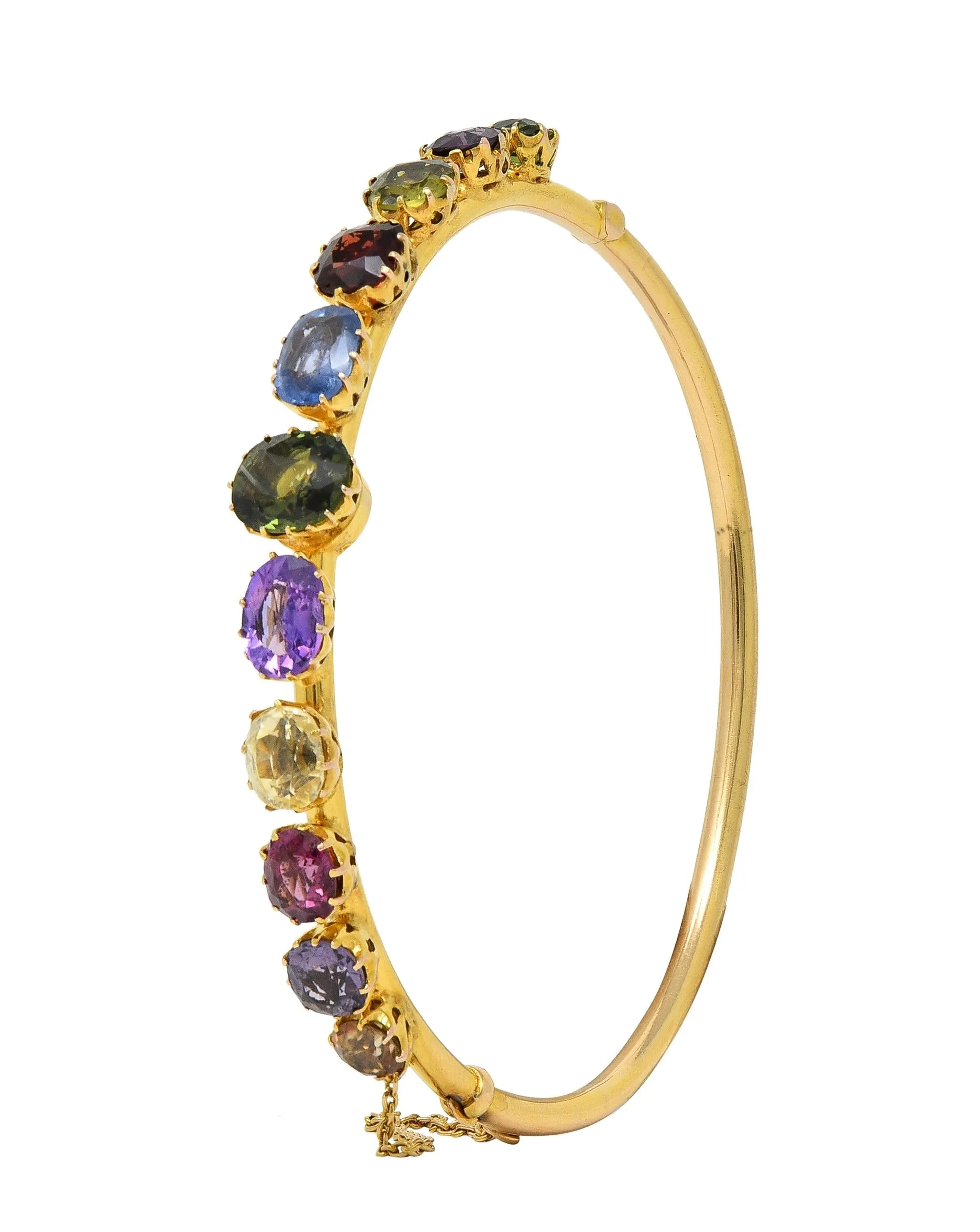 Victorian 16.38 CTW Sapphire Garnet 14 Karat Yellow Gold Antique Harlequin Bangle Bracelet