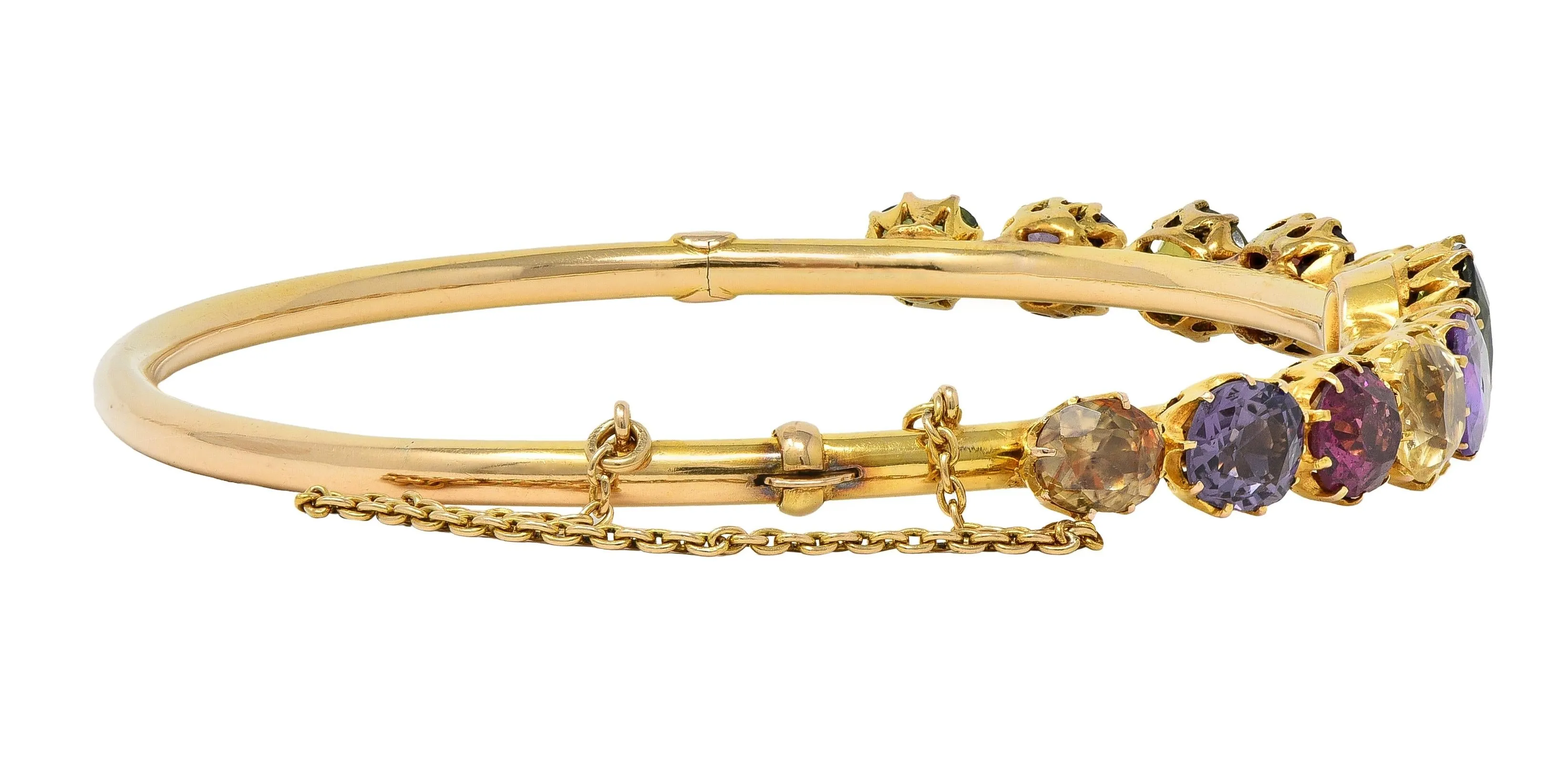 Victorian 16.38 CTW Sapphire Garnet 14 Karat Yellow Gold Antique Harlequin Bangle Bracelet