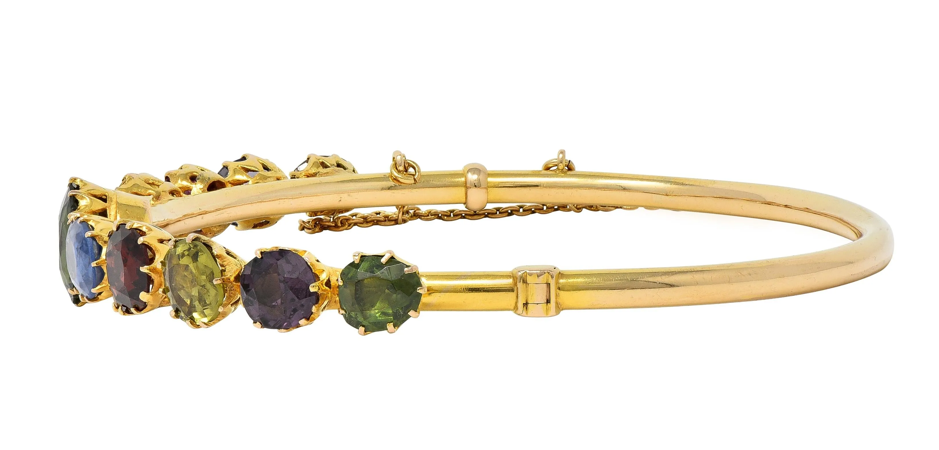 Victorian 16.38 CTW Sapphire Garnet 14 Karat Yellow Gold Antique Harlequin Bangle Bracelet