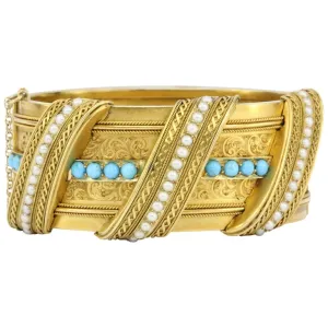 Victorian 18K Yellow Gold Persian Turquoise & Seed Pearl Pierced Bangle Bracelet