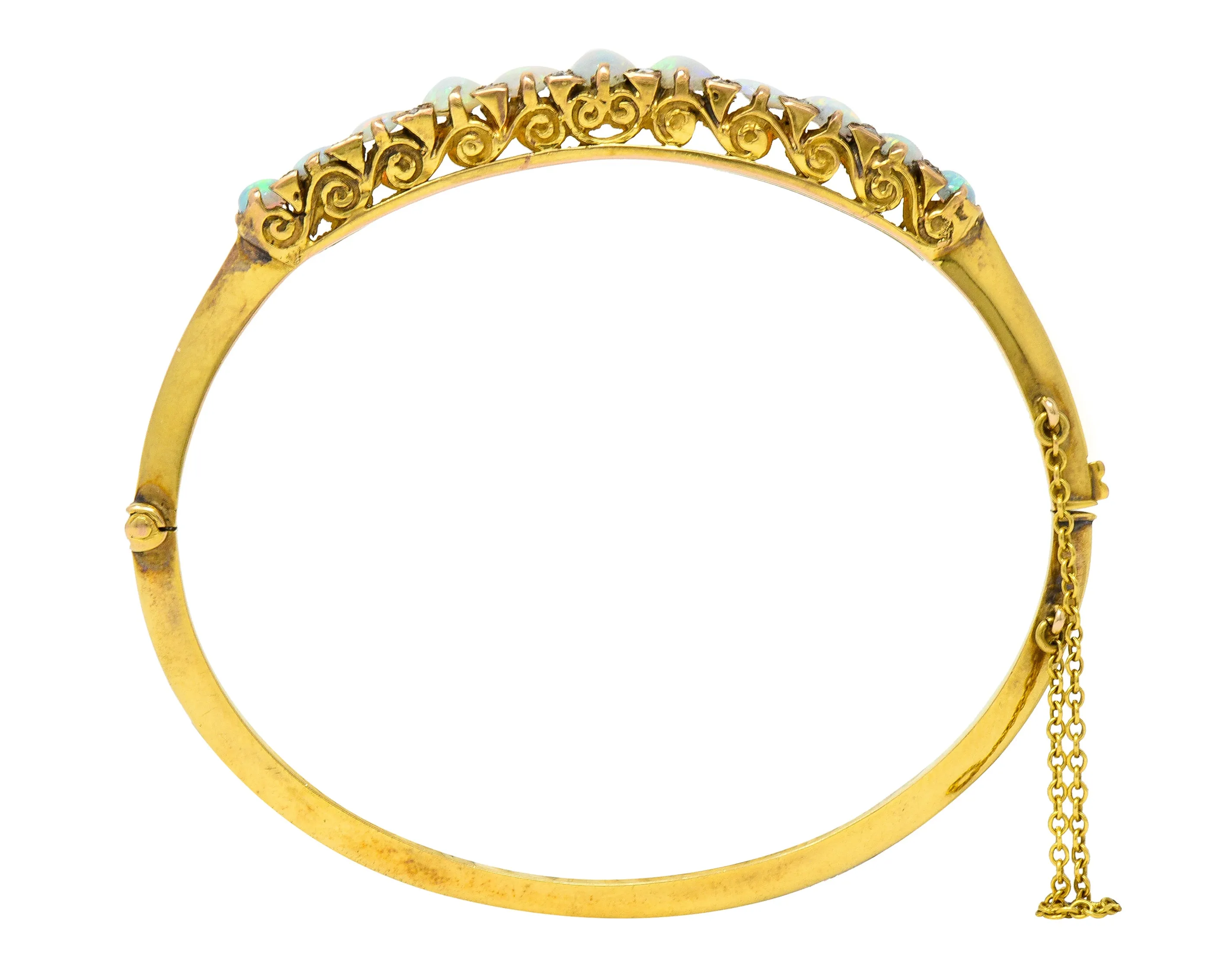 Victorian Diamond Opal 14 Karat Yellow Gold Scroll Antique Bangle Bracelet
