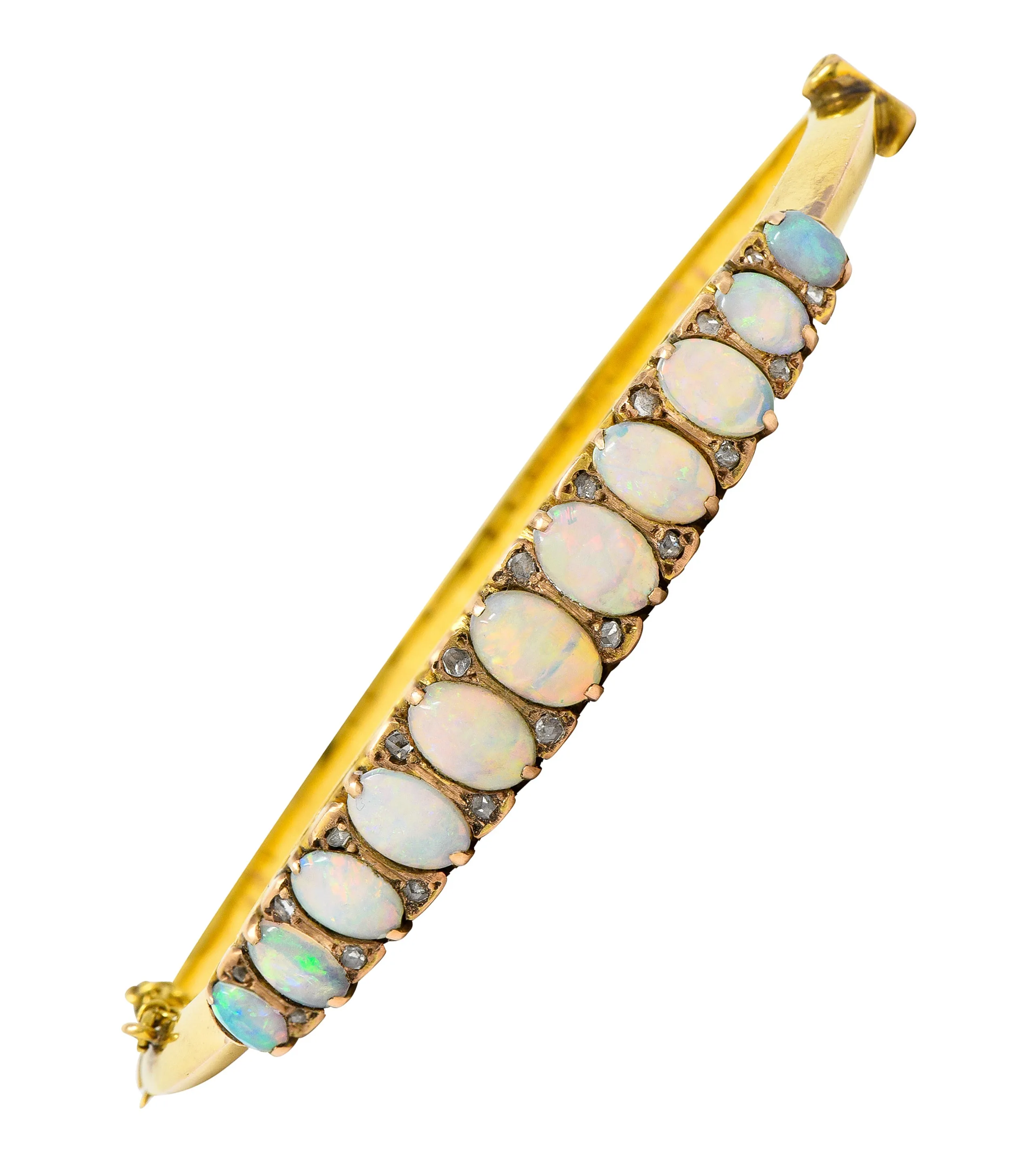 Victorian Diamond Opal 14 Karat Yellow Gold Scroll Antique Bangle Bracelet