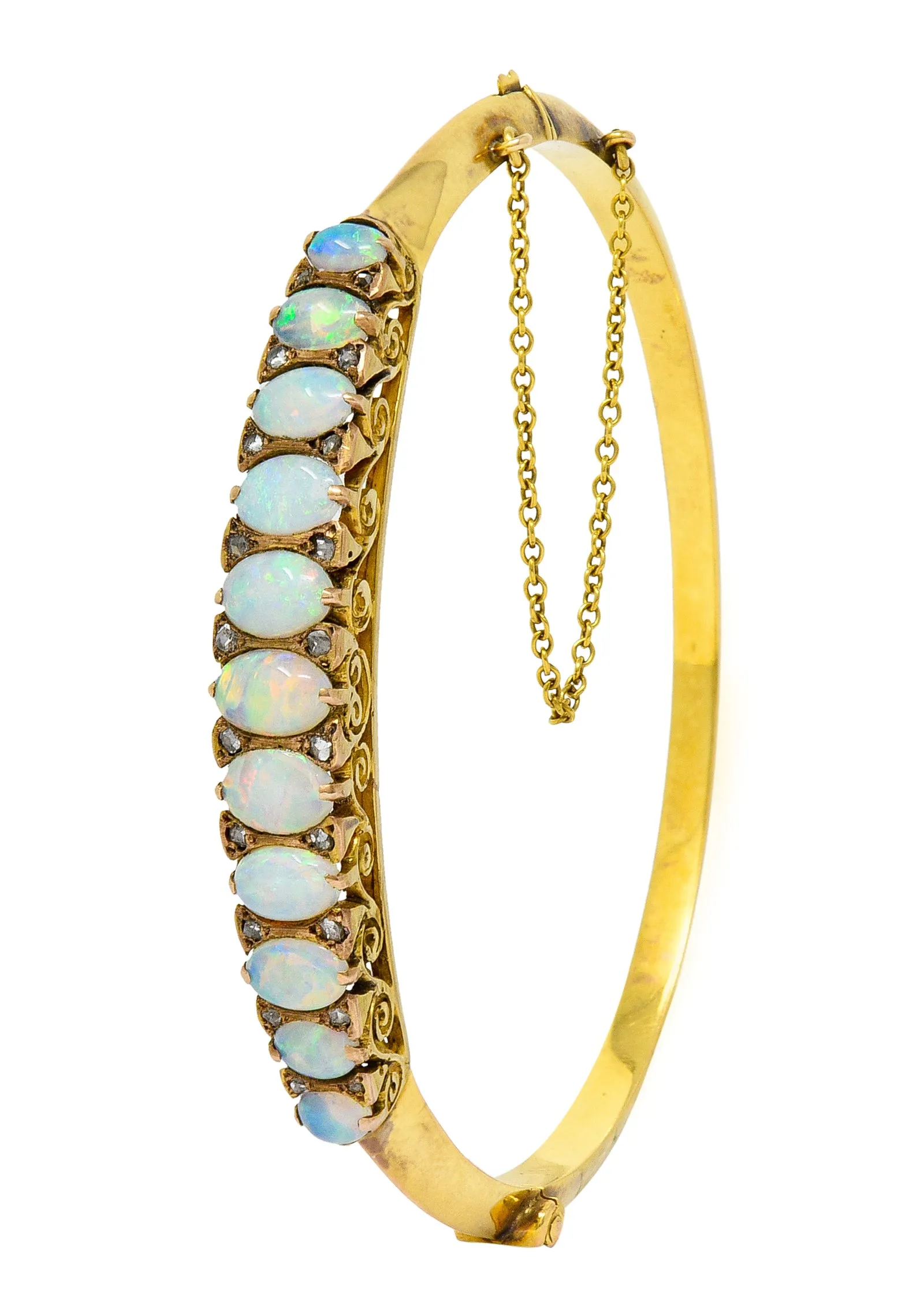 Victorian Diamond Opal 14 Karat Yellow Gold Scroll Antique Bangle Bracelet