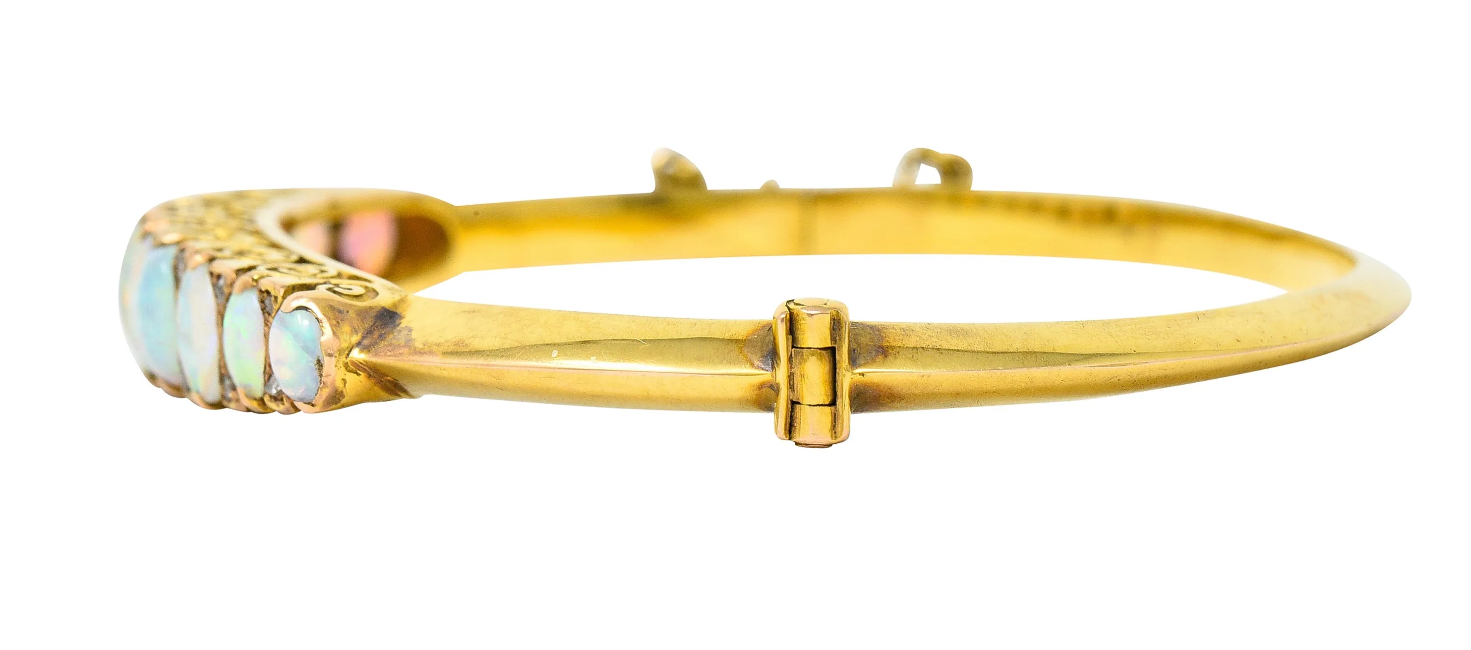 Victorian Diamond Opal 14 Karat Yellow Gold Scroll Antique Bangle Bracelet