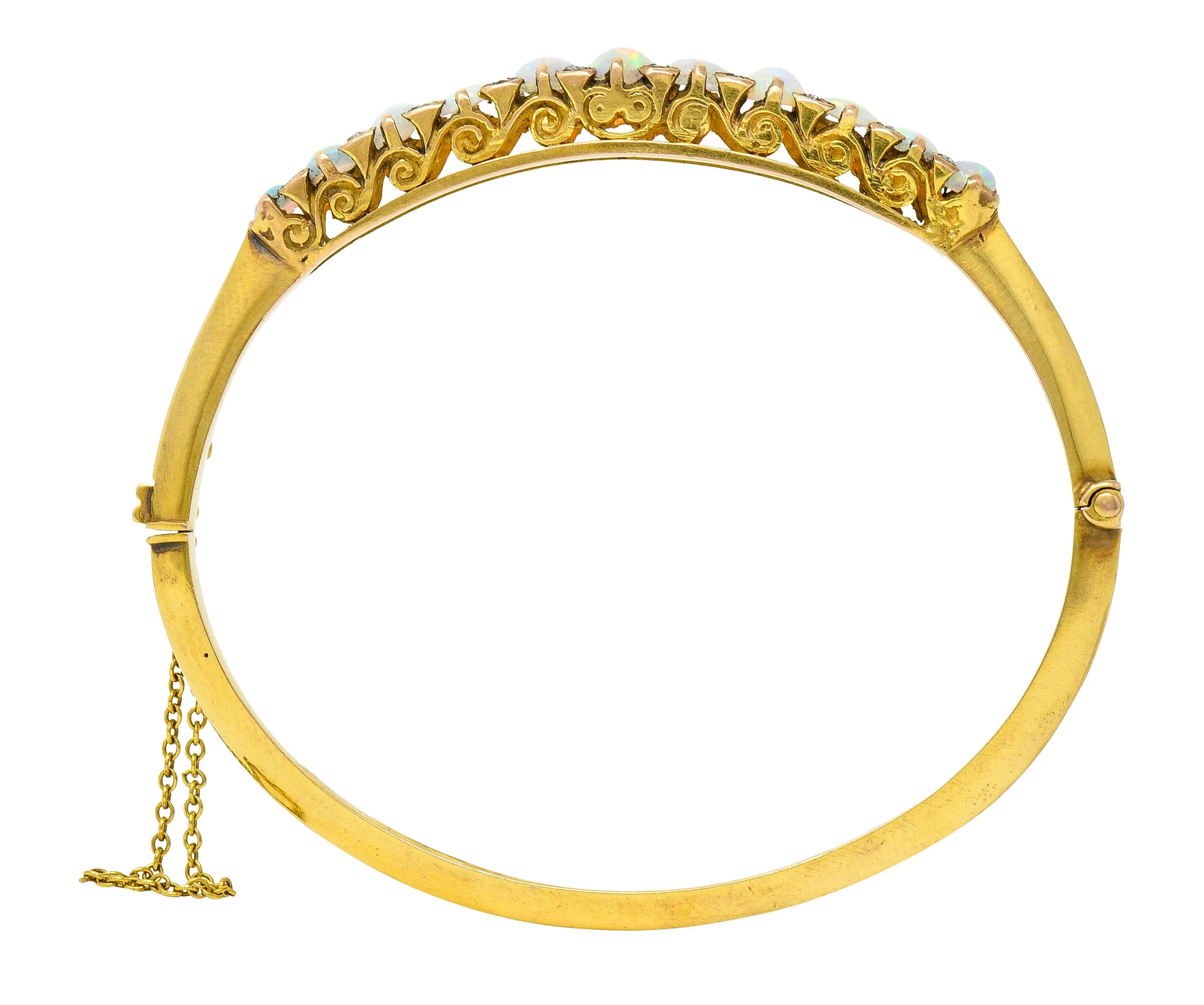 Victorian Diamond Opal 14 Karat Yellow Gold Scroll Antique Bangle Bracelet