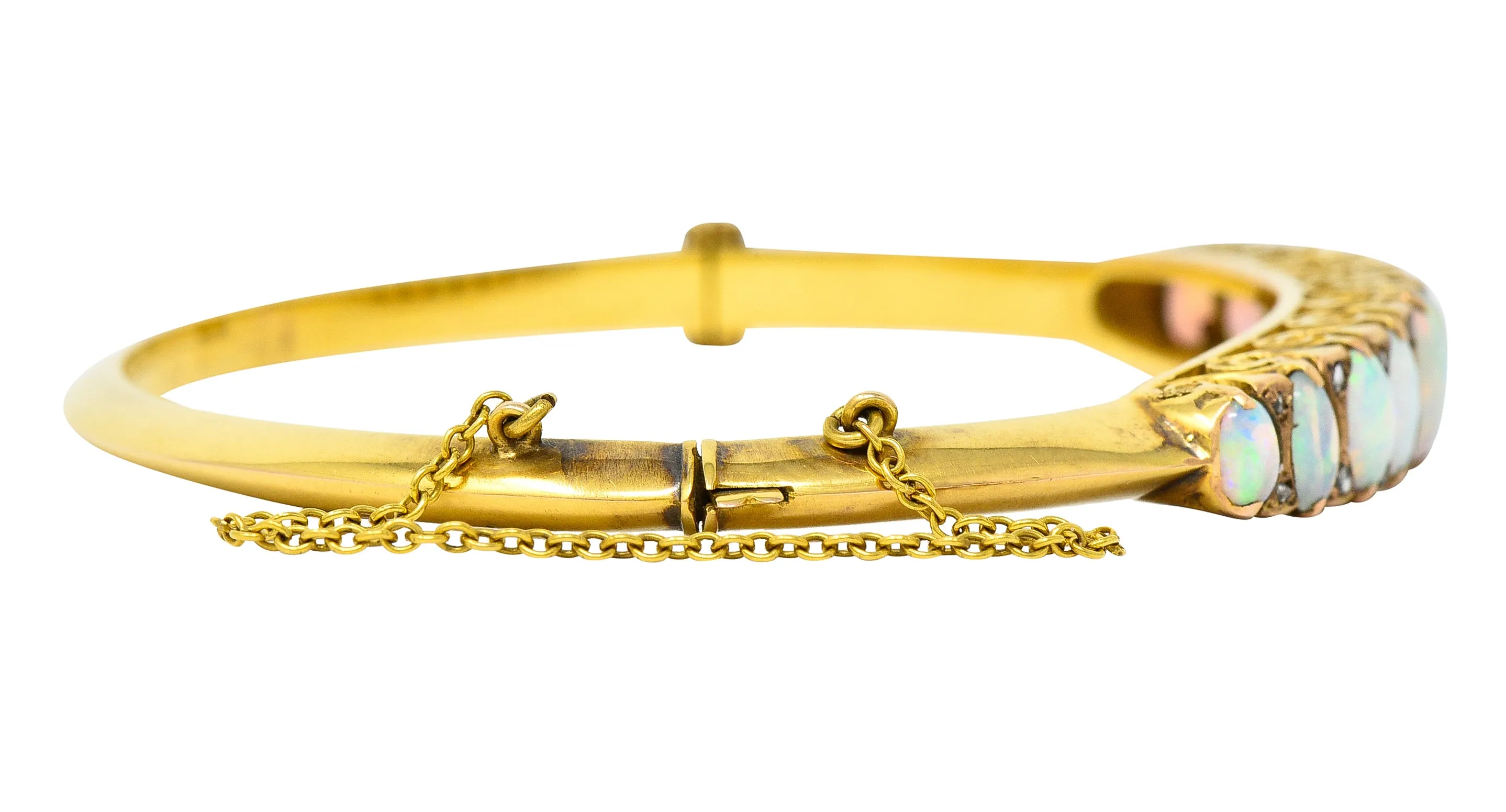 Victorian Diamond Opal 14 Karat Yellow Gold Scroll Antique Bangle Bracelet