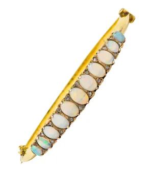 Victorian Diamond Opal 14 Karat Yellow Gold Scroll Antique Bangle Bracelet