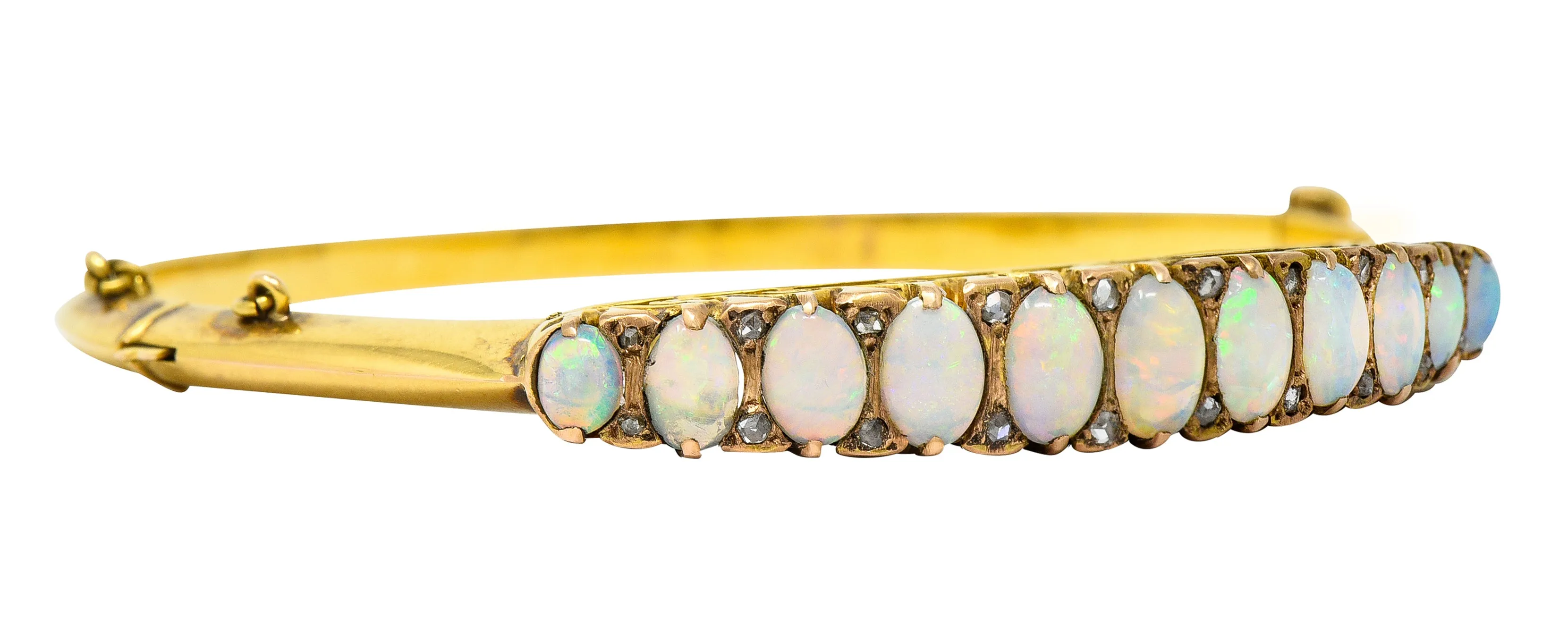 Victorian Diamond Opal 14 Karat Yellow Gold Scroll Antique Bangle Bracelet