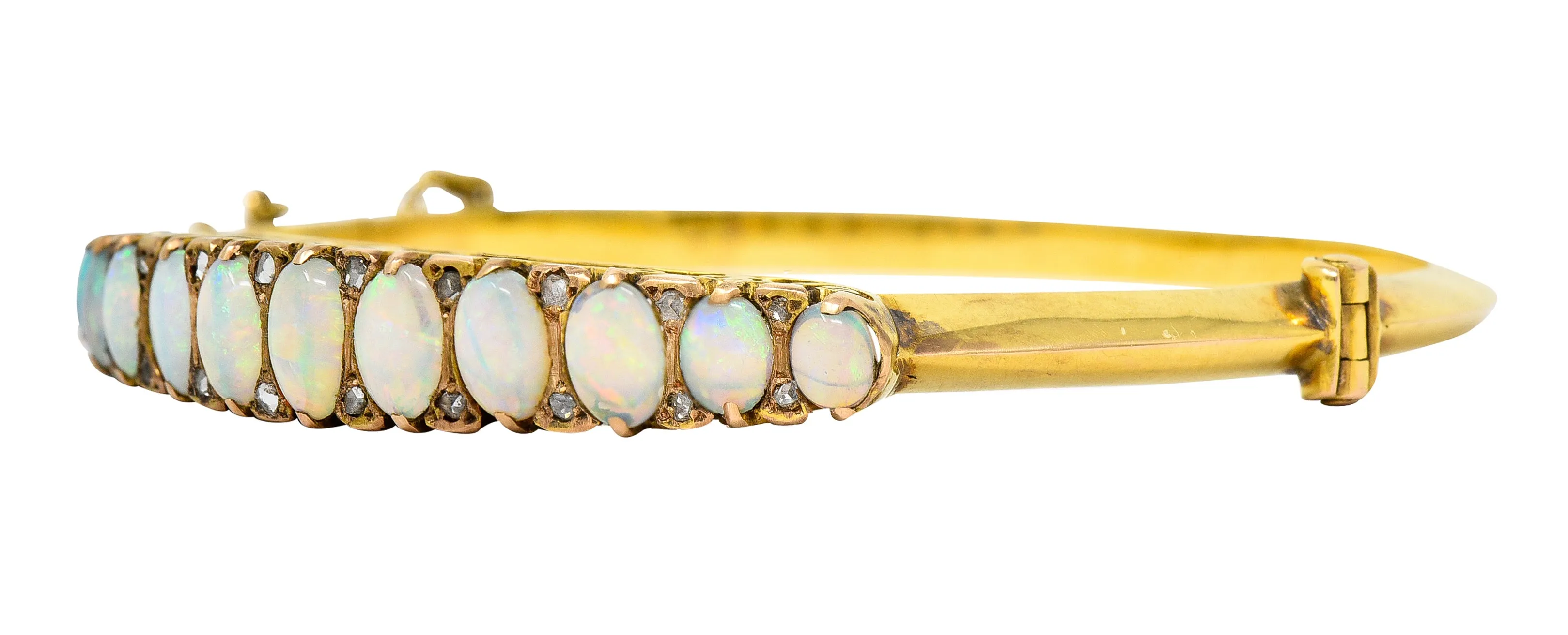 Victorian Diamond Opal 14 Karat Yellow Gold Scroll Antique Bangle Bracelet