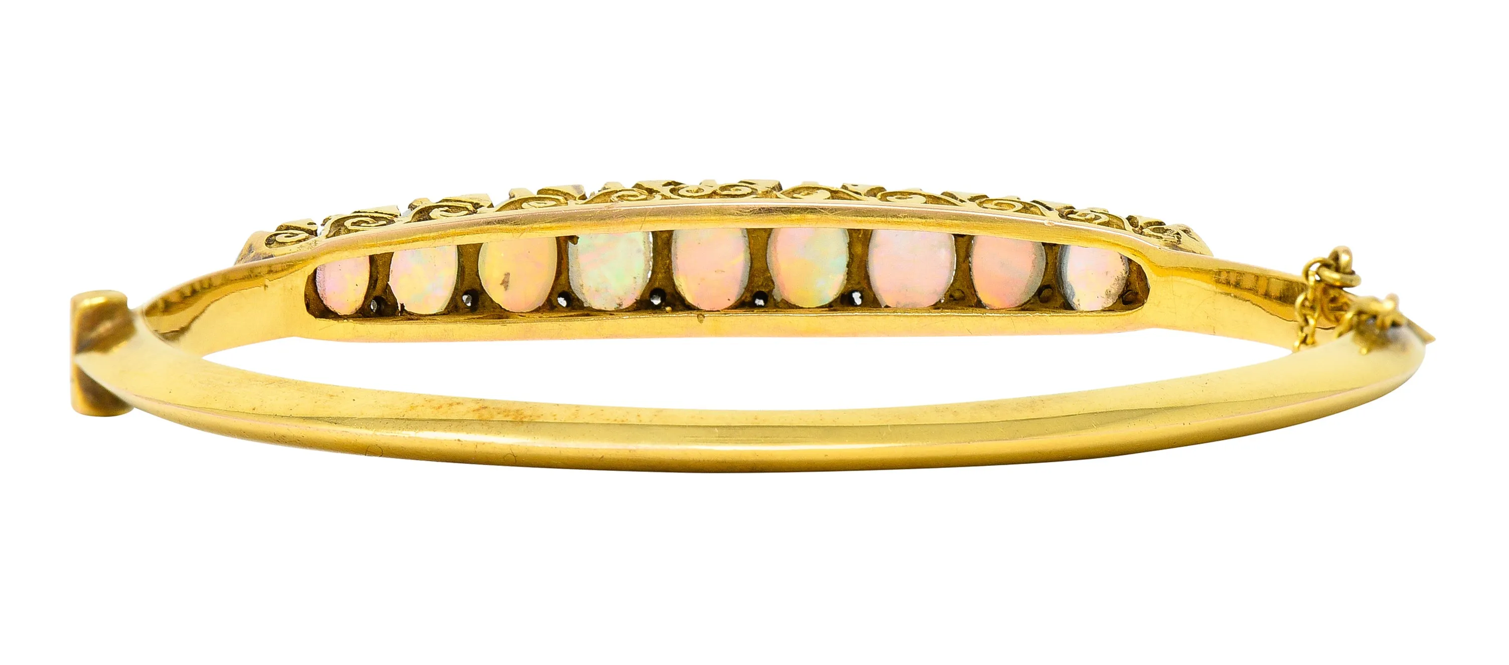 Victorian Diamond Opal 14 Karat Yellow Gold Scroll Antique Bangle Bracelet
