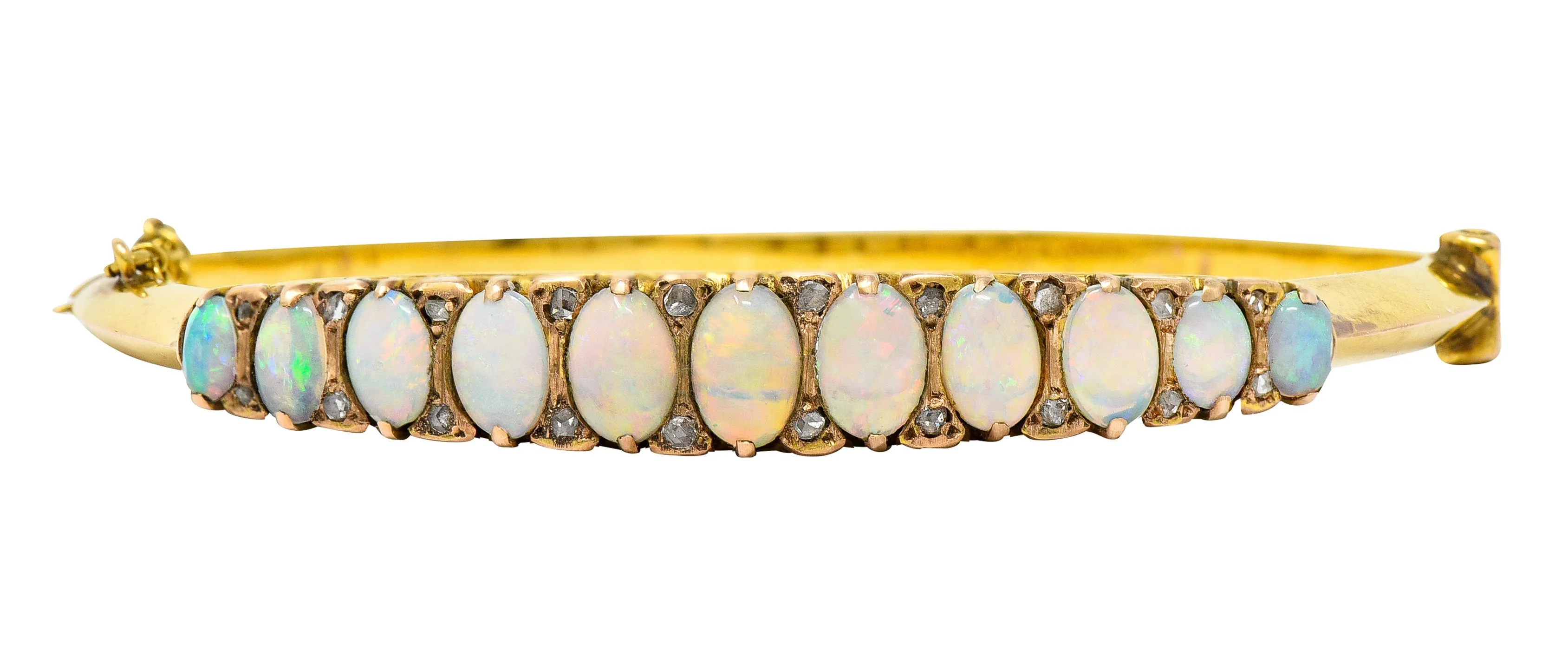 Victorian Diamond Opal 14 Karat Yellow Gold Scroll Antique Bangle Bracelet