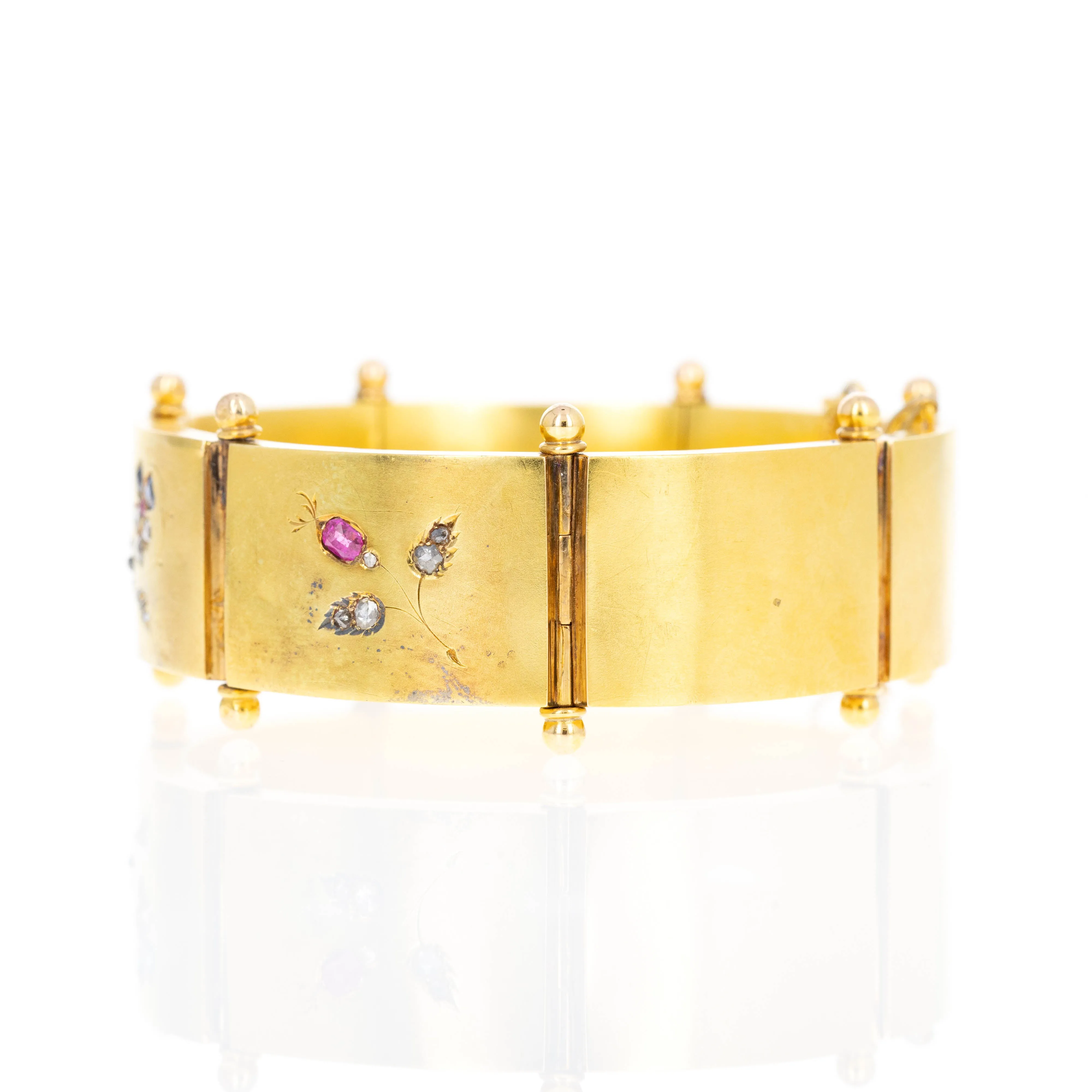Victorian French 18K Yellow Gold Sapphire, Ruby, and Diamond Floral Bracelet