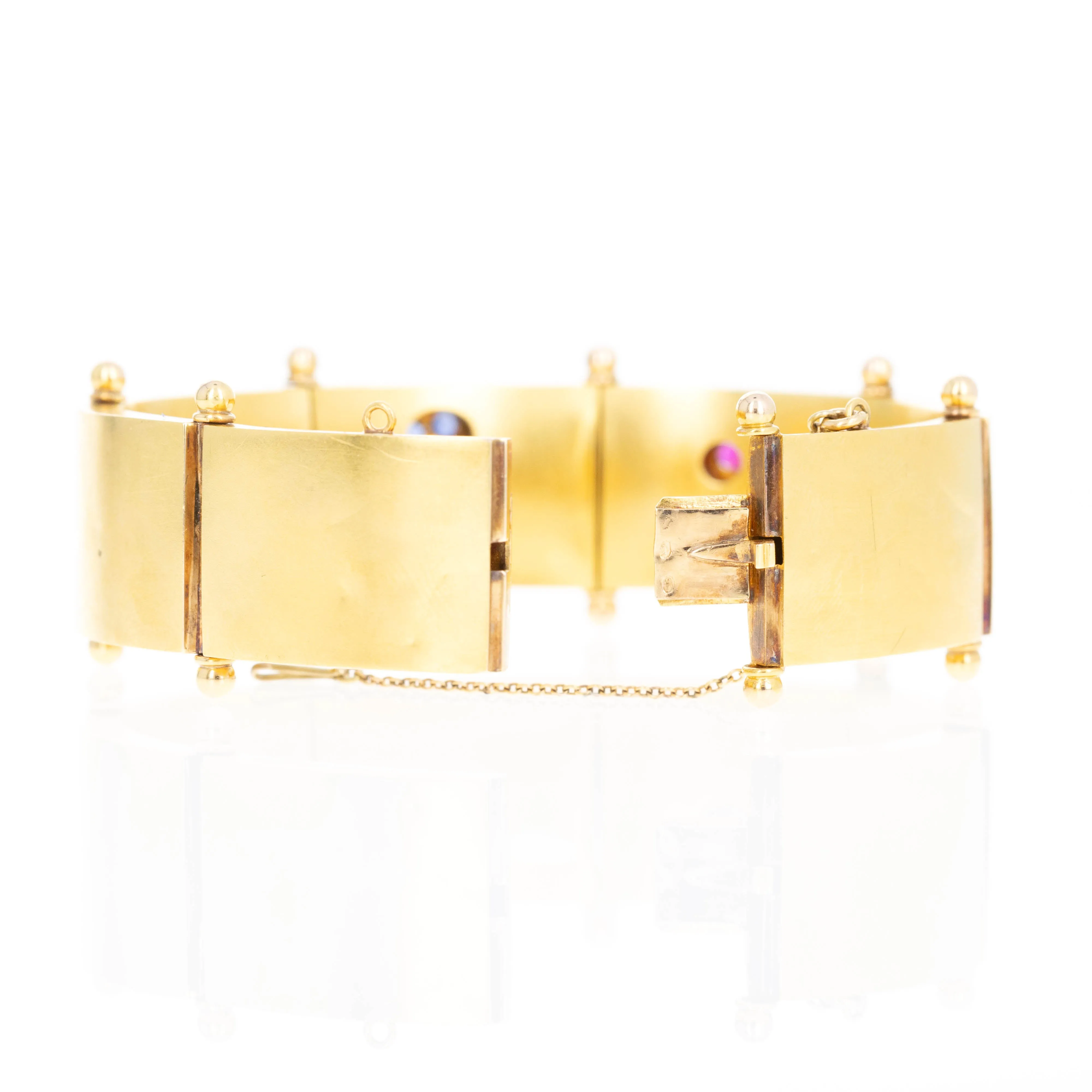 Victorian French 18K Yellow Gold Sapphire, Ruby, and Diamond Floral Bracelet