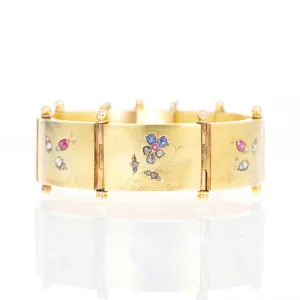 Victorian French 18K Yellow Gold Sapphire, Ruby, and Diamond Floral Bracelet
