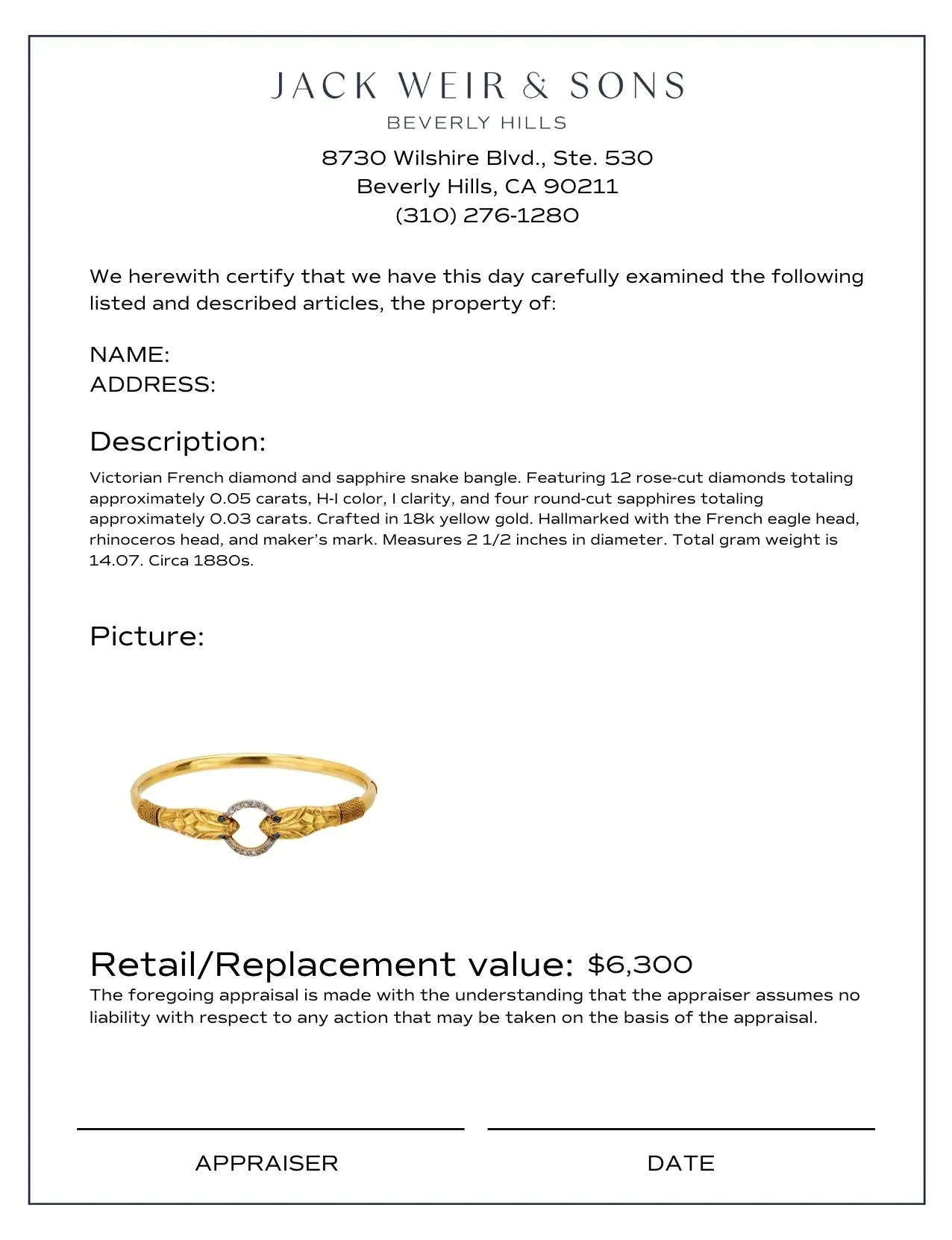 Victorian French diamond sapphire 18k yellow gold snake bangle