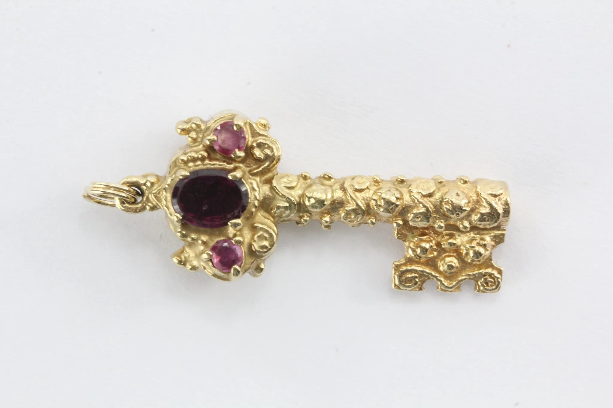 Vintage Chunky 14K Gold Garnet & Ruby Etruscan Key Pendant / Charm