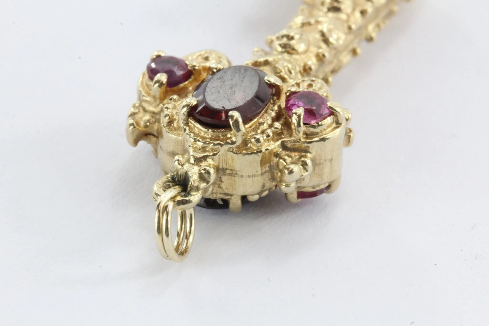 Vintage Chunky 14K Gold Garnet & Ruby Etruscan Key Pendant / Charm
