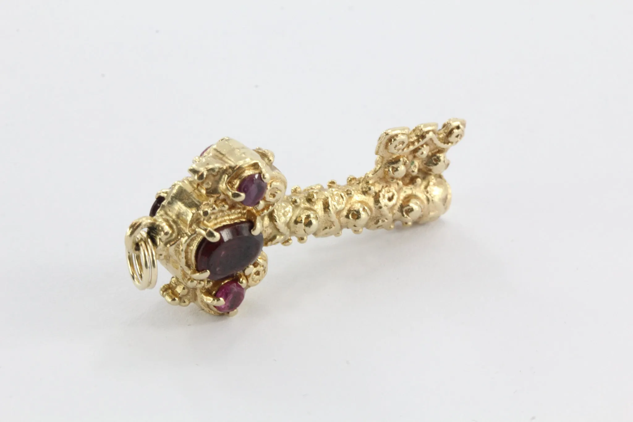 Vintage Chunky 14K Gold Garnet & Ruby Etruscan Key Pendant / Charm