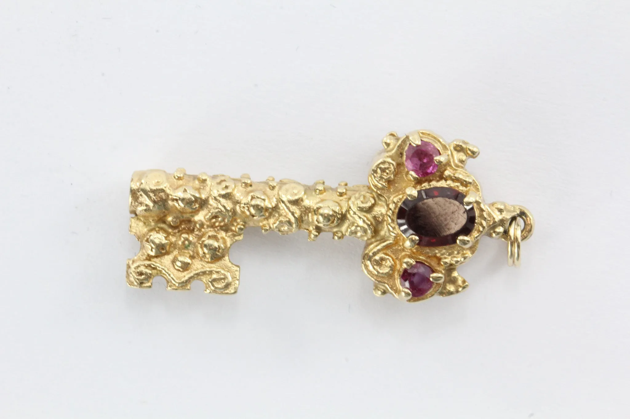 Vintage Chunky 14K Gold Garnet & Ruby Etruscan Key Pendant / Charm