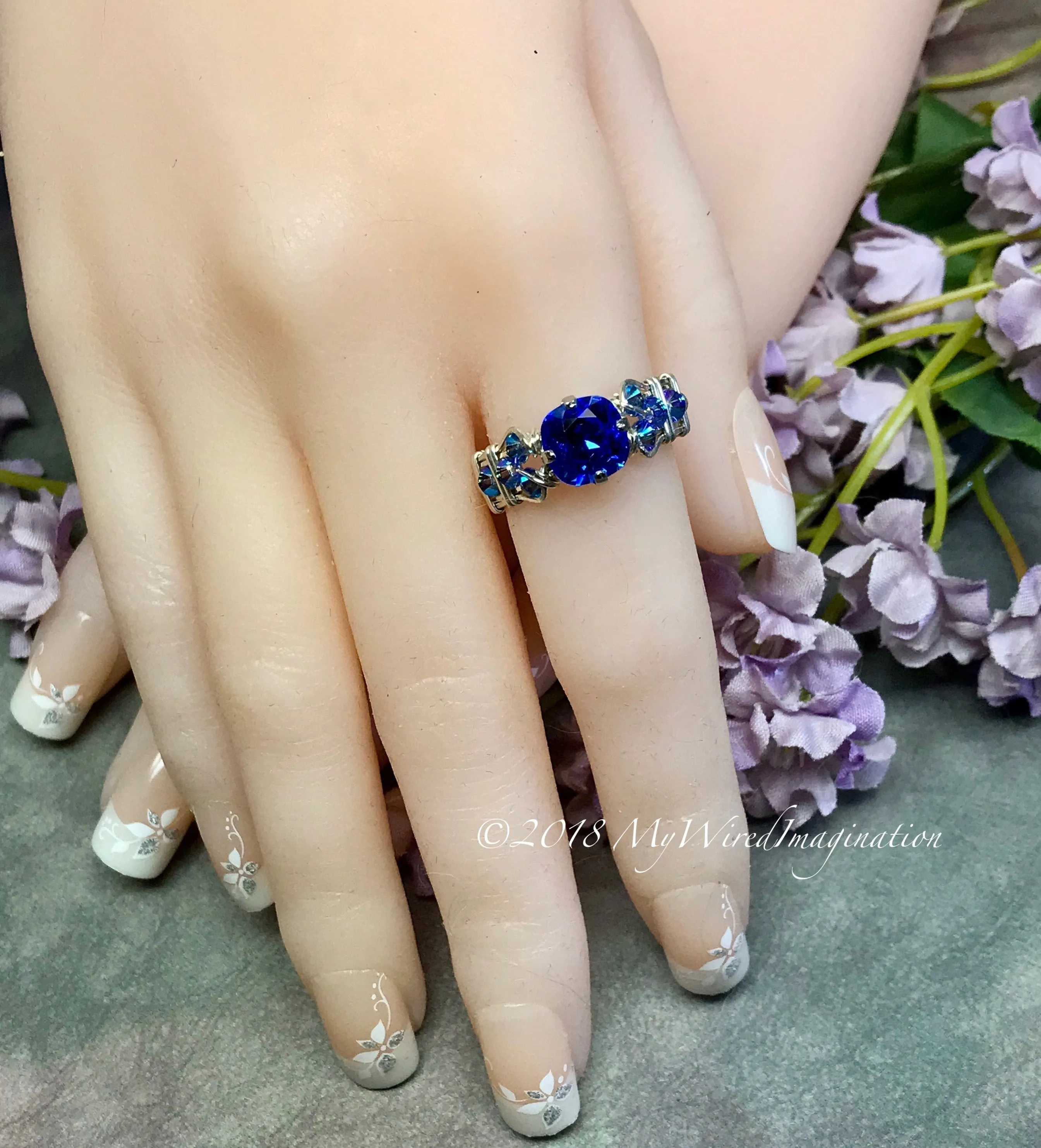 Vintage Swarovski Sapphire Blue Crystal Handmade Ring SS US Size 7.5