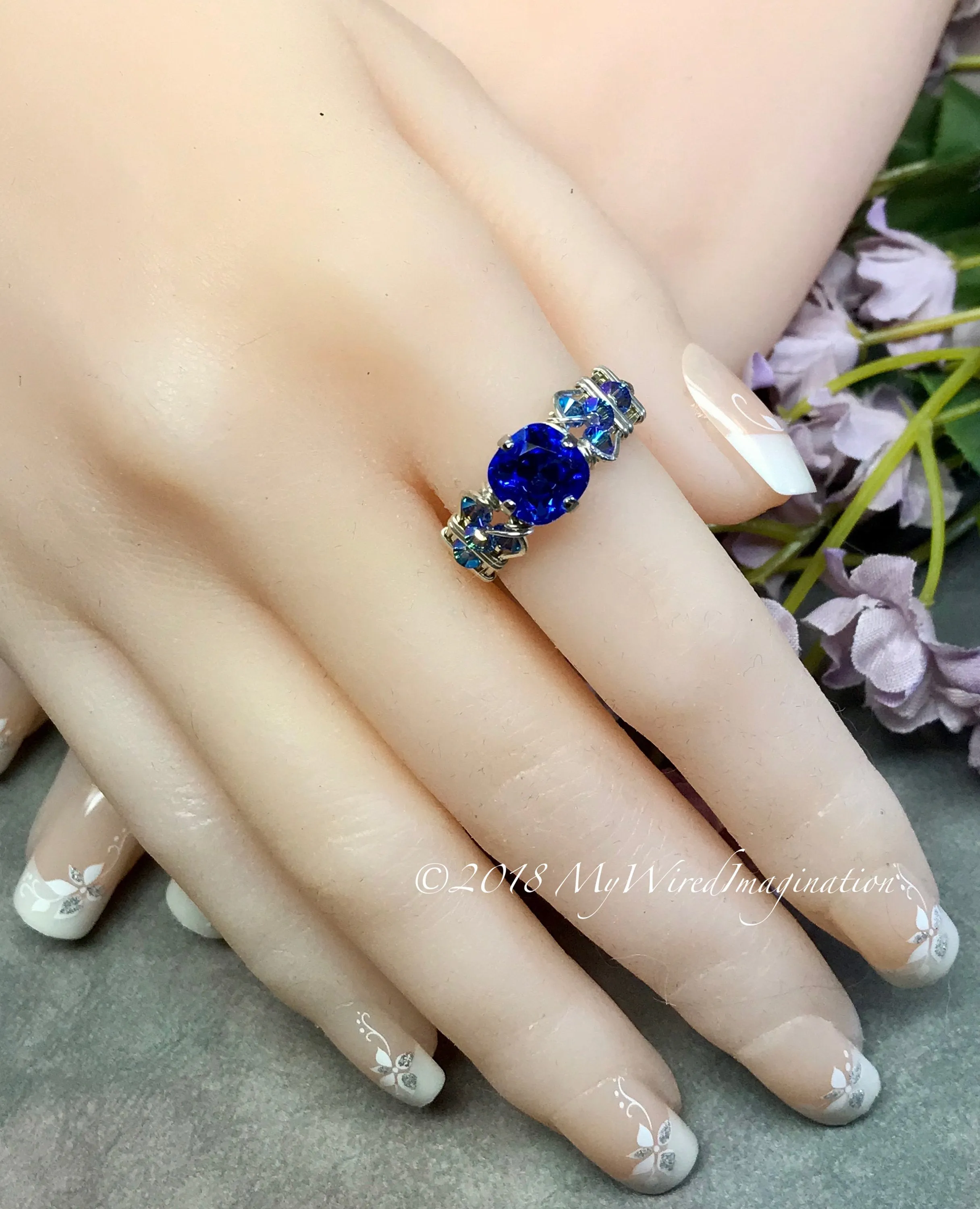 Vintage Swarovski Sapphire Blue Crystal Handmade Ring SS US Size 7.5