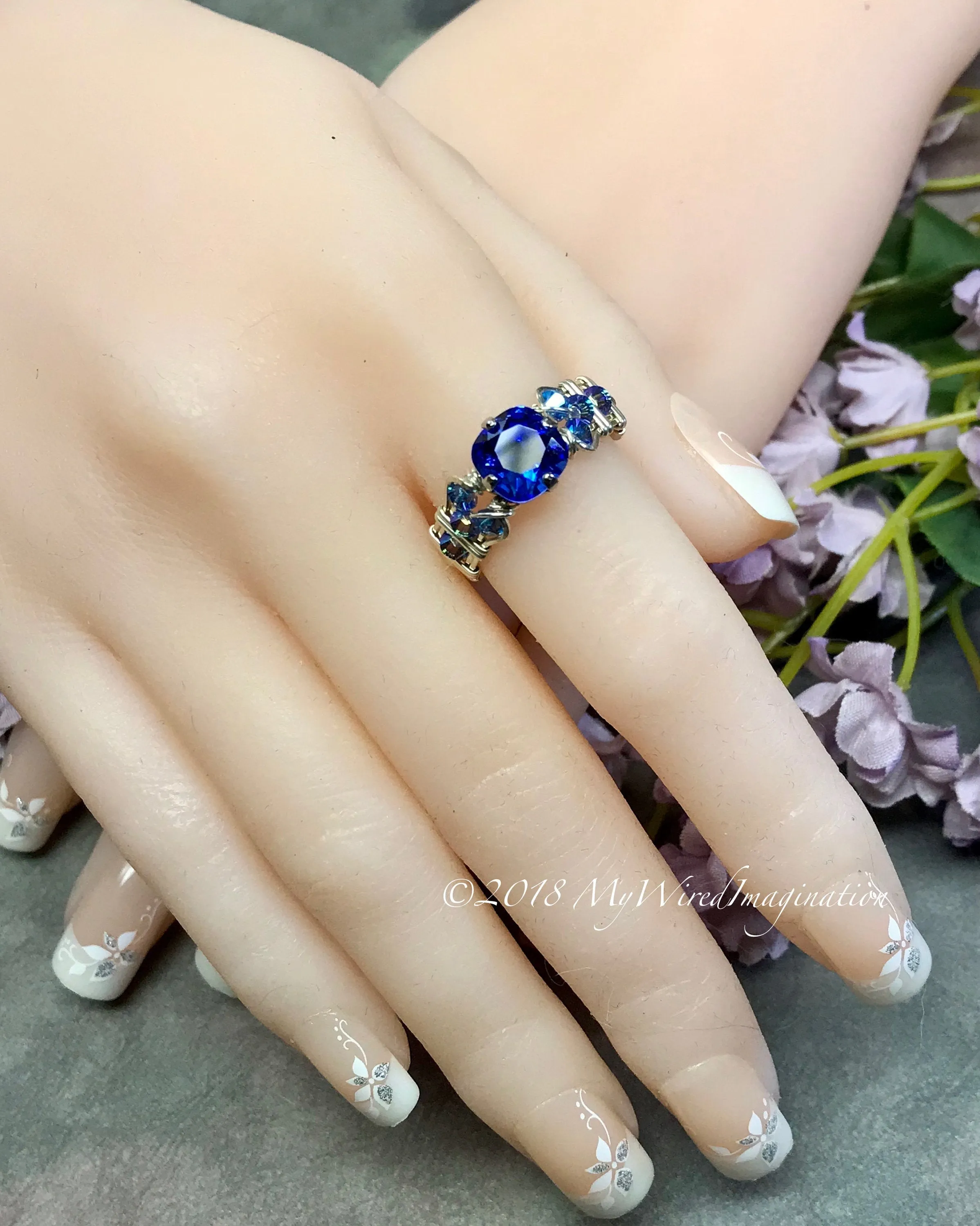 Vintage Swarovski Sapphire Blue Crystal Handmade Ring SS US Size 7.5