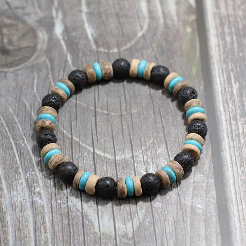 Vintage Wood Beaded Bracelet Mens Natural Lava