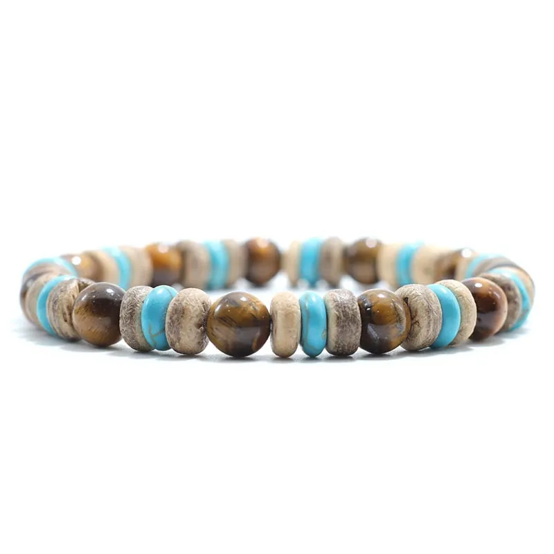 Vintage Wood Beaded Bracelet Mens Natural Lava