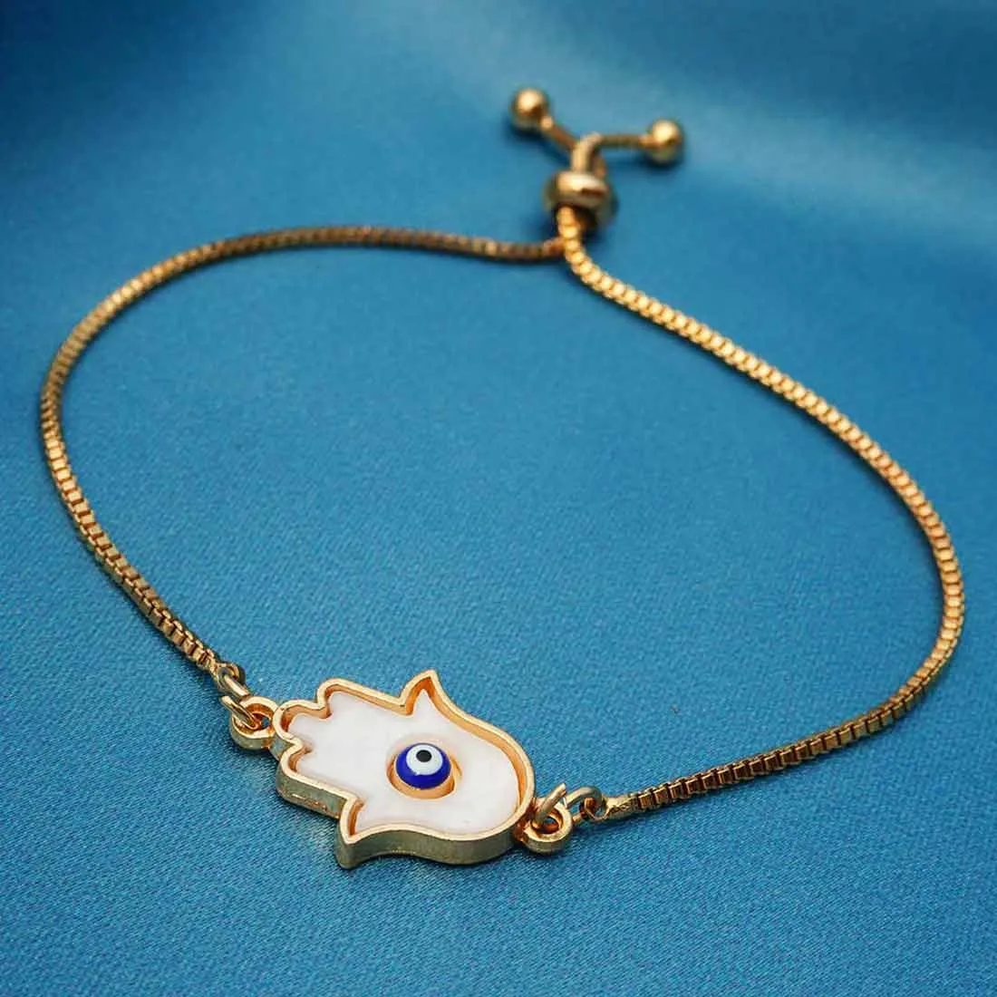 White Hamsa Hand Box Chain Bracelet