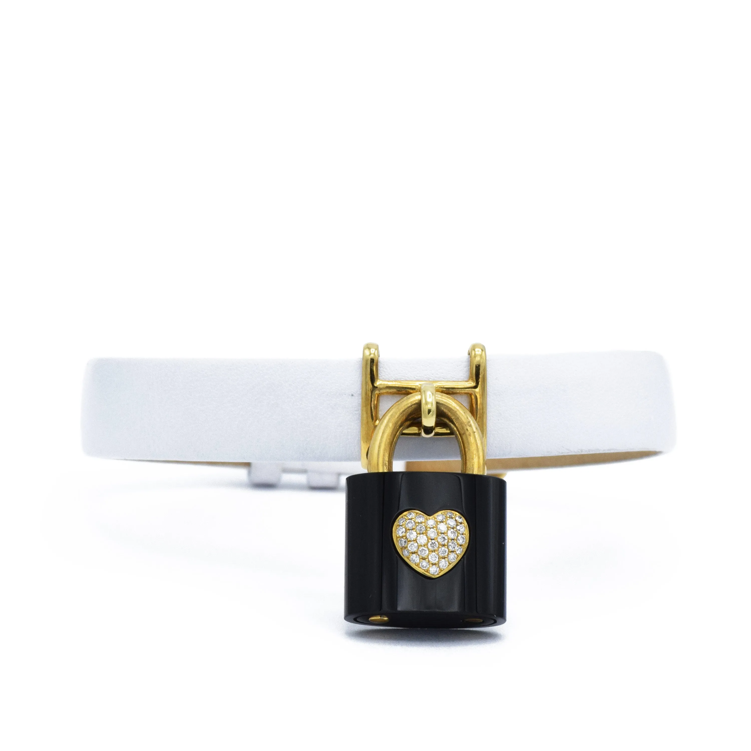 White Leather Bracelet with Black Agate Lock