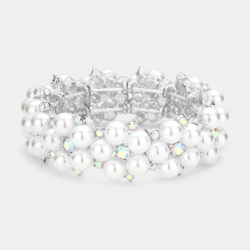 White Pearl and AB Rhinestone Stretch Bridal Bracelet | Wedding Bracelet | 563686