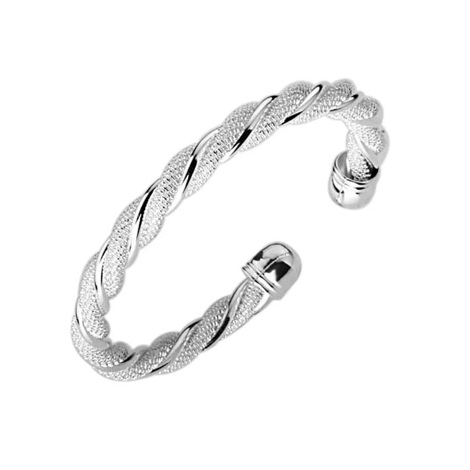 Women's Fashion Braided Cuff Bangle Bracelet with Interwoven Mesh Detailing - Silver