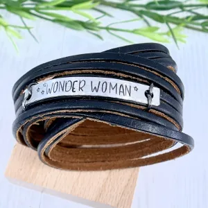 WONDER WOMAN Black Leather Wrap & Silver Bar Bracelet | Adjustable