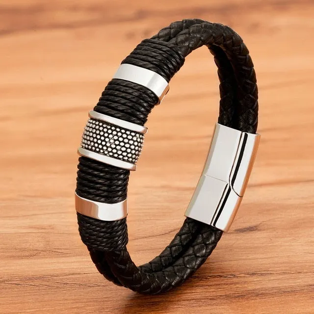 Woven Leather Rope Wrapping Special Style Classic Stainless Steel Men's Leather Bracelet Double-layer Design DIY Customization